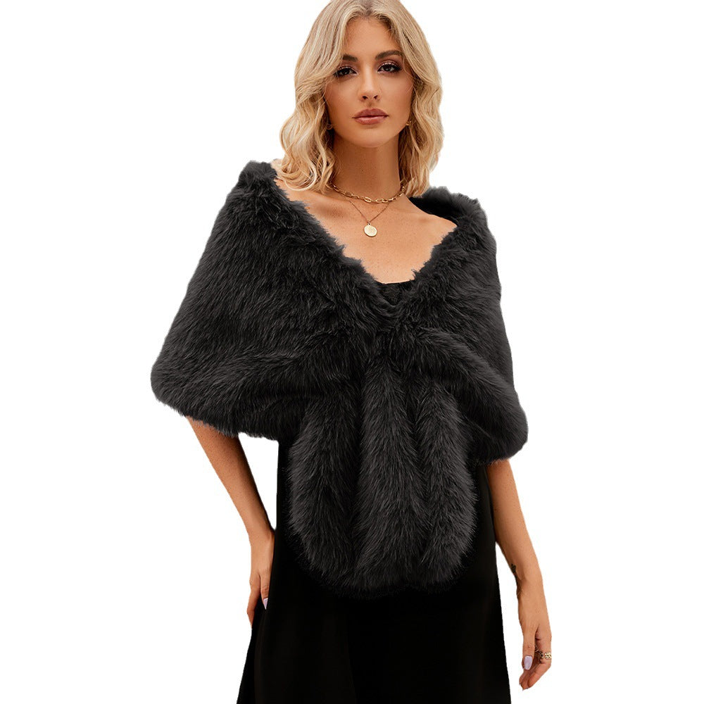 Women's Luxurious Faux Fur Cape with Fluffy Collar