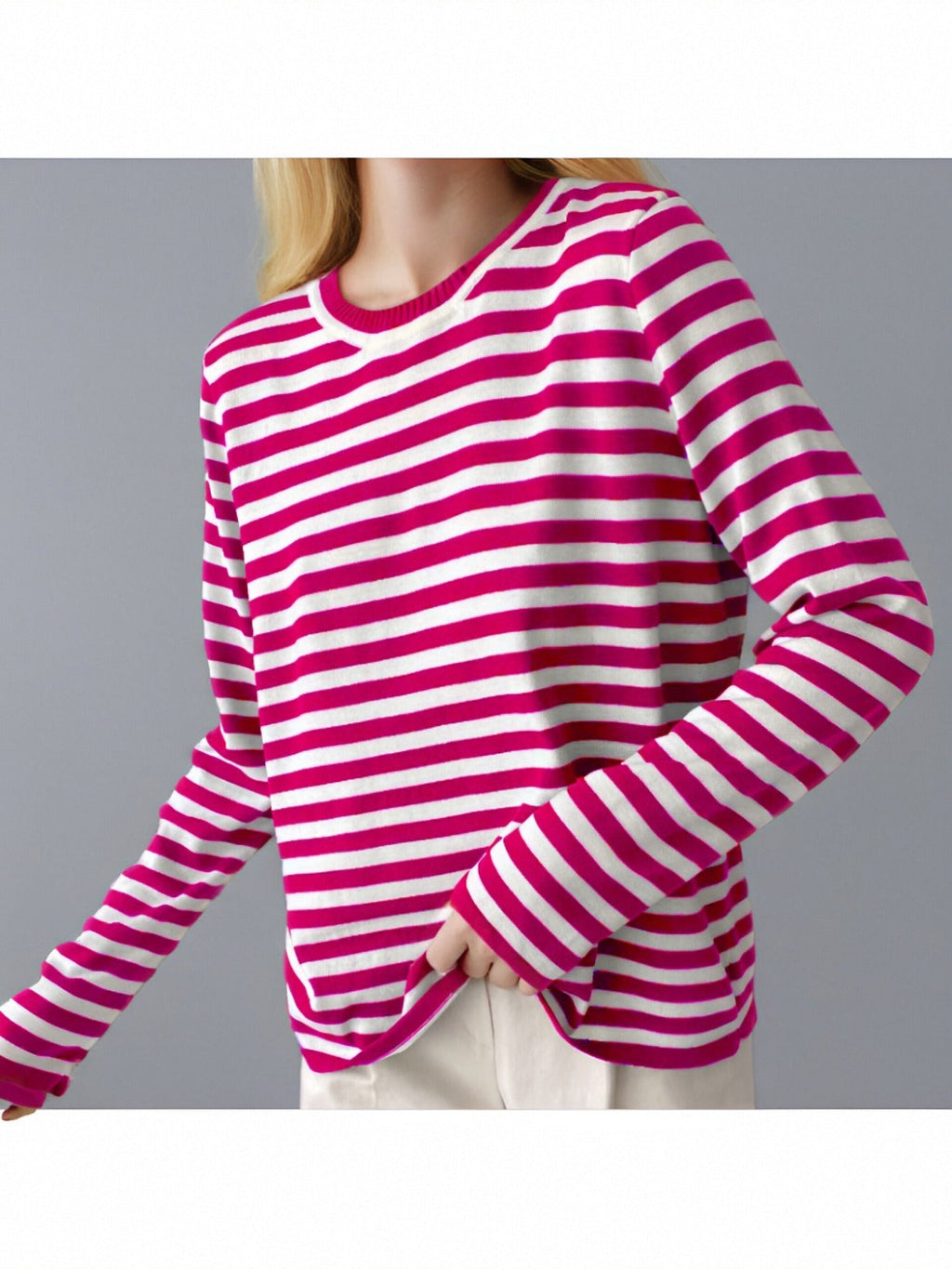 Women's Striped Long-Sleeve Sweater with Crew Neck and Casual Fit