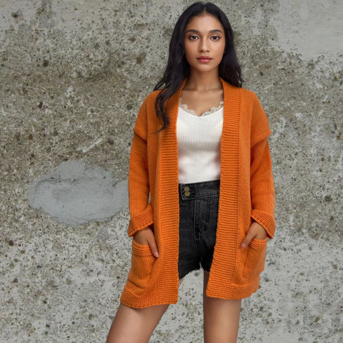 Women's Chunky Knit Cardigan with Practical Cut and Oversized Fit
