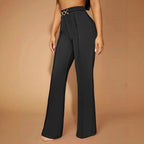 Women's Elegant High-Waisted Fabric Pants with Diagonal Seams and Decorative Belt