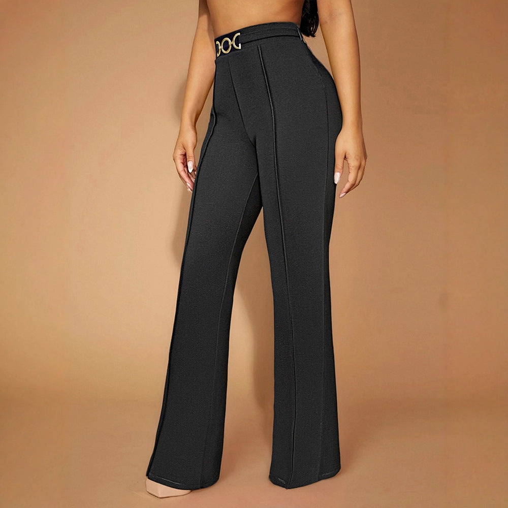 Women's Elegant High-Waisted Fabric Pants with Diagonal Seams and Decorative Belt