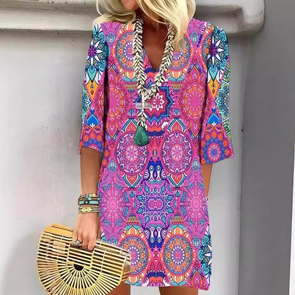 Mandala-Print Shirt Dress with V-Neck
