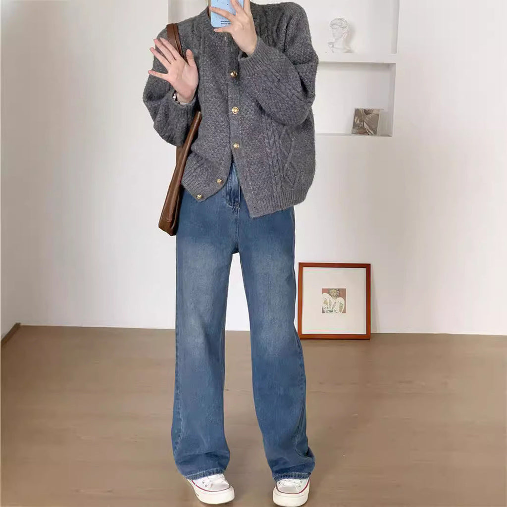 Women's Patterned Cardigan with Gold Buttons and Wide Cut