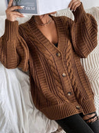 Women's Chunky Knit Cardigan with Decorative Cable Pattern