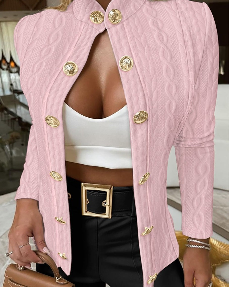 Elegant Women's Knit Blazer with Gold Buttons