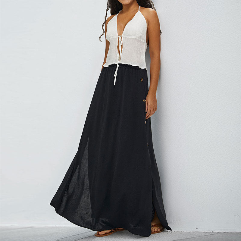 Women's Maxi Skirt with Side Buttons and Elastic Waistband