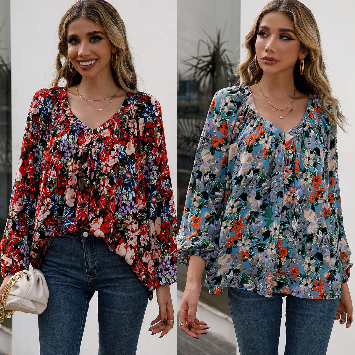 Women's Blouse with Floral Patterns and Airy Sleeves