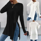 Women's Asymmetrical Long-Sleeve Top with Side Slits and Relaxed Fit