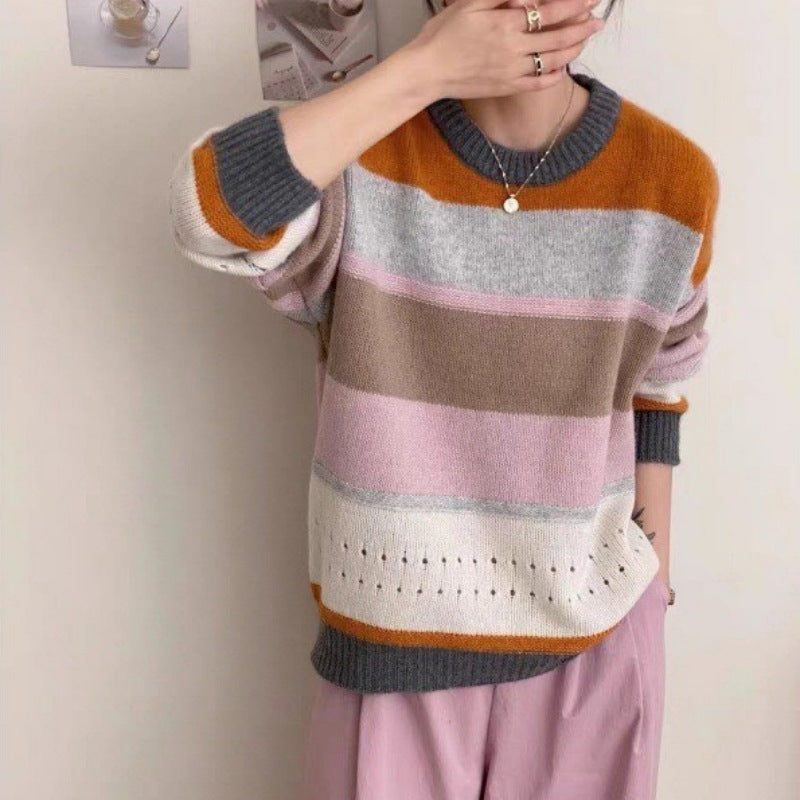Women's Coarsely Knitted Sweater with Casual Stripes