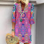 Mandala-Print Shirt Dress with V-Neck