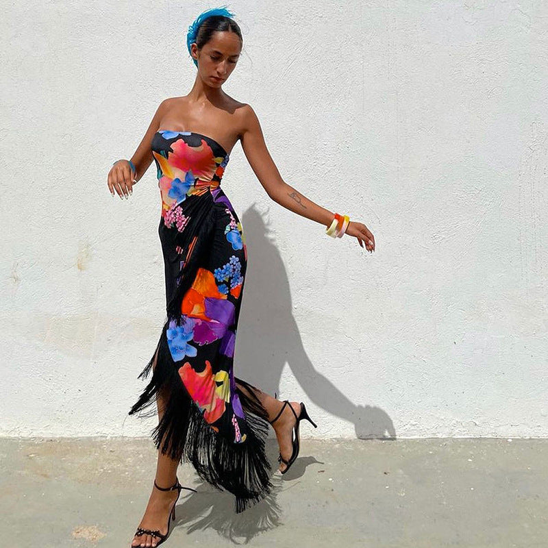 Women's Cocktail Dress with Refined Fringe and Floral Print