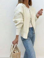 Women's Elegant Knit Cardigan with Pearl Embellishment