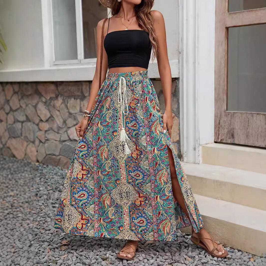 Women's Maxi Skirt with Contrasting Patterns and Elastic Waistband