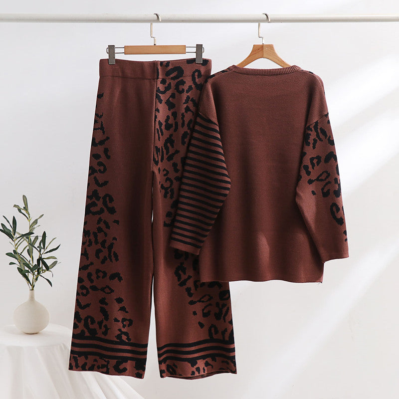Women's Fashionable Lounge Set with Animal Print and Wide Stripes