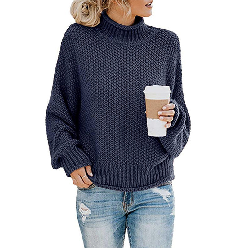 Women's Cotton Knit Sweater with High Collar