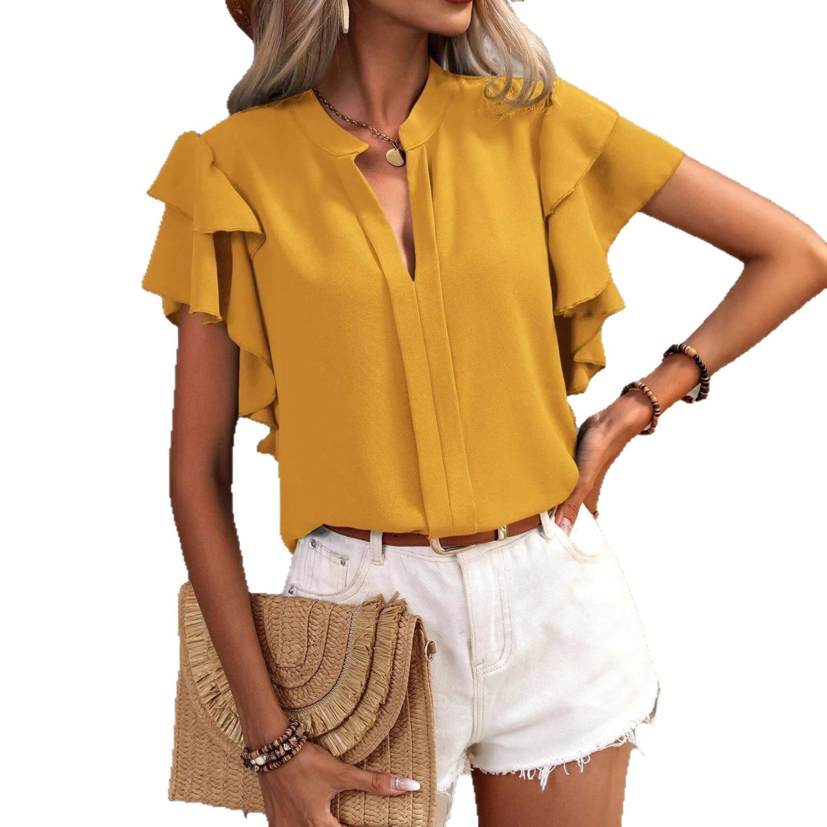 Women's Blouse with Ruffle Details and Elegant V-Neck
