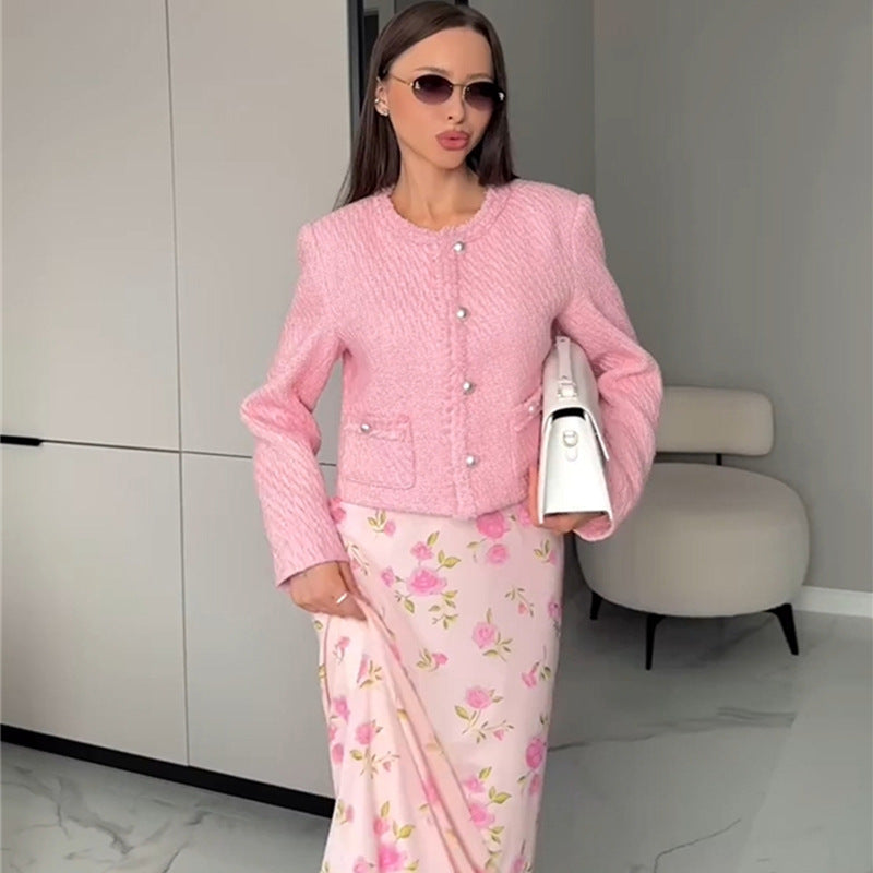 Women's Elegant Short Jacket with Textured Surface and Feminine Details