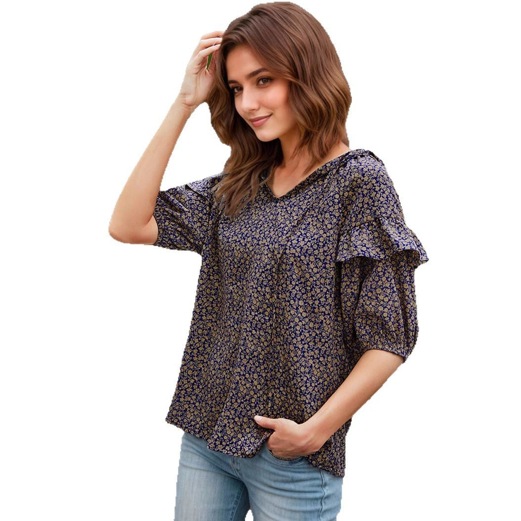 Women's Blouse with Ruffles and Floral Pattern