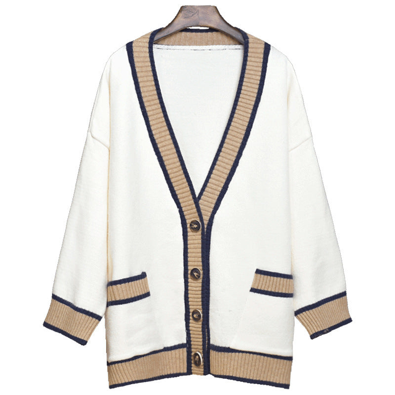 Women's Casual Knit Cardigan with Contrast Trim and Pockets