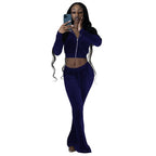 Women's Comfortable Velour Lounge Set with Zip-Up Top and Wide Leg