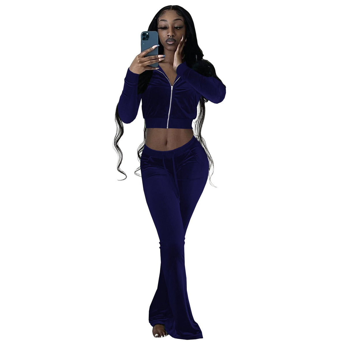 Women's Comfortable Velour Lounge Set with Zip-Up Top and Wide Leg