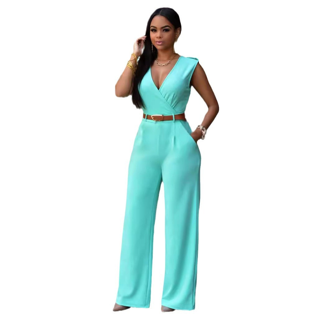 Elegant Wrap Jumpsuit with Wide Leg and Waist Belt