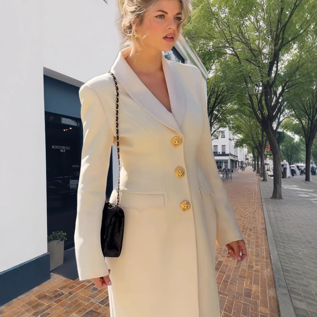 Elegant Long Coat with Gold Buttons and Classic Cut