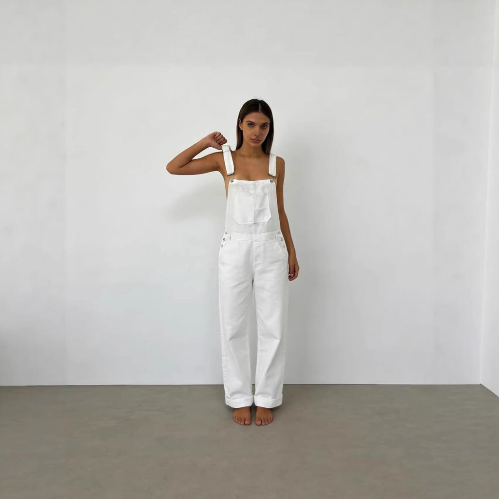 Women's Denim Overalls with Wide Leg and Low Back