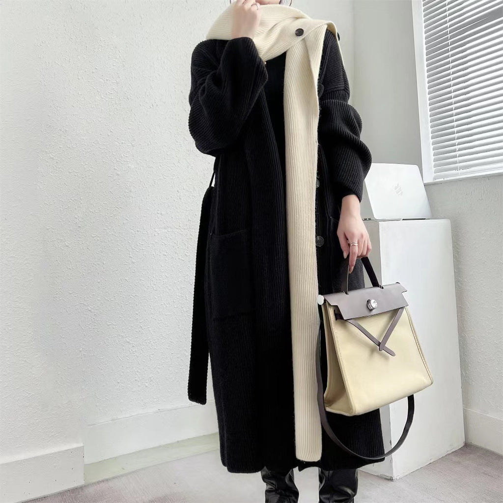 Women's Elegant Long Coat with Belt and Contrasting Sleeves
