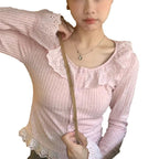 Women's Long-Sleeve Blouse with Lace Collar and Decorative Ruffled Hem