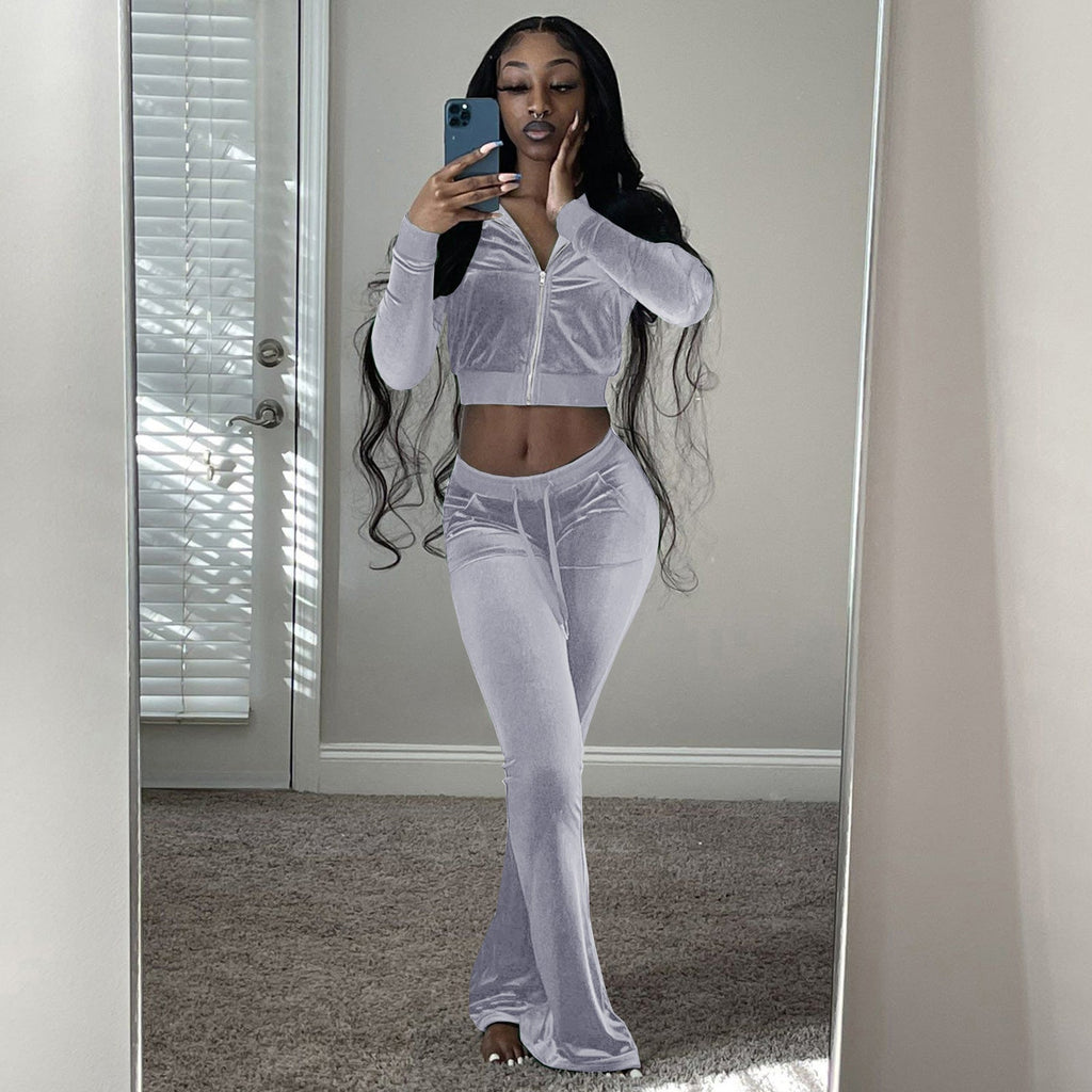 Women's Comfortable Velour Lounge Set with Zip-Up Top and Wide Leg