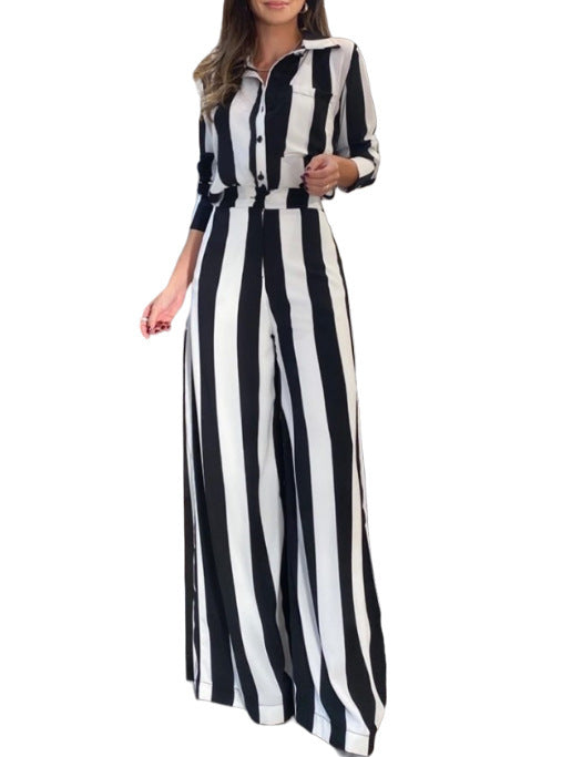 Casual Wide-Stripe Jumpsuit with Fitted Waist