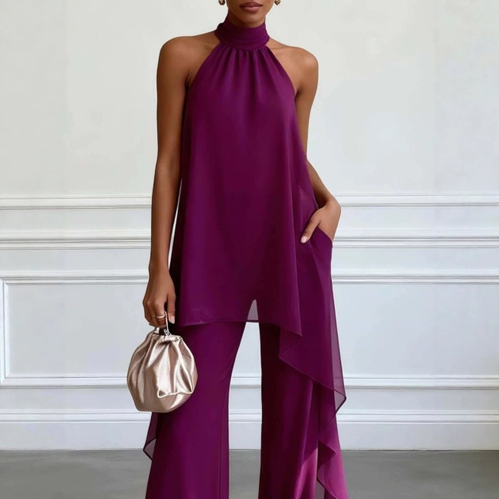 Evening Two-Piece Set with Gathered Mock Neck and Wide-Leg Trousers
