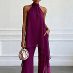 Evening Two-Piece Set with Gathered Mock Neck and Wide-Leg Trousers