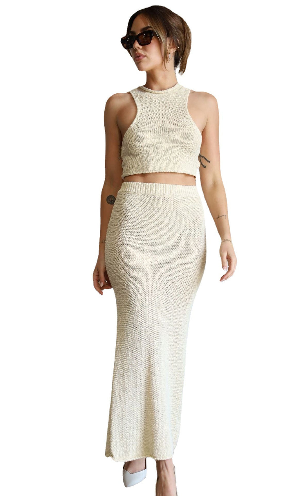 Women's Elegant Knit Crop Top and Maxi Skirt Set