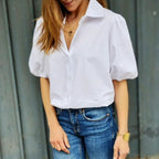 Women's Blouse with Puff Sleeves and Classic Collar