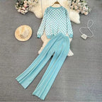 Women's Casual Plaid Leisure Suit with Wide-Leg Trousers