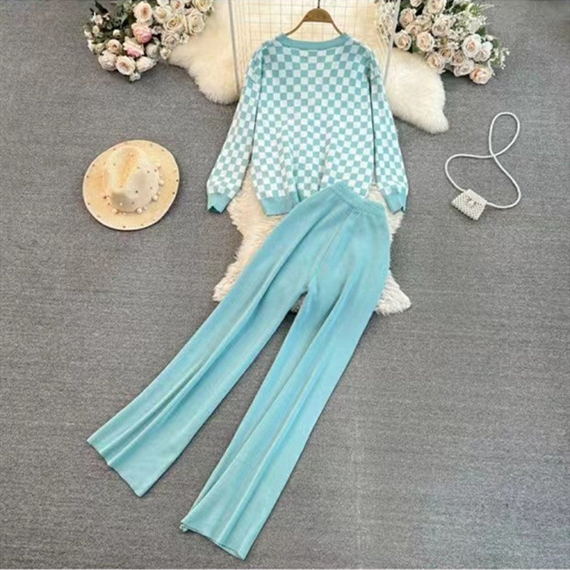 Women's Casual Plaid Leisure Suit with Wide-Leg Trousers