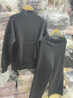 Women's Elegant Knit Suit with High Collar and Colorful Pattern