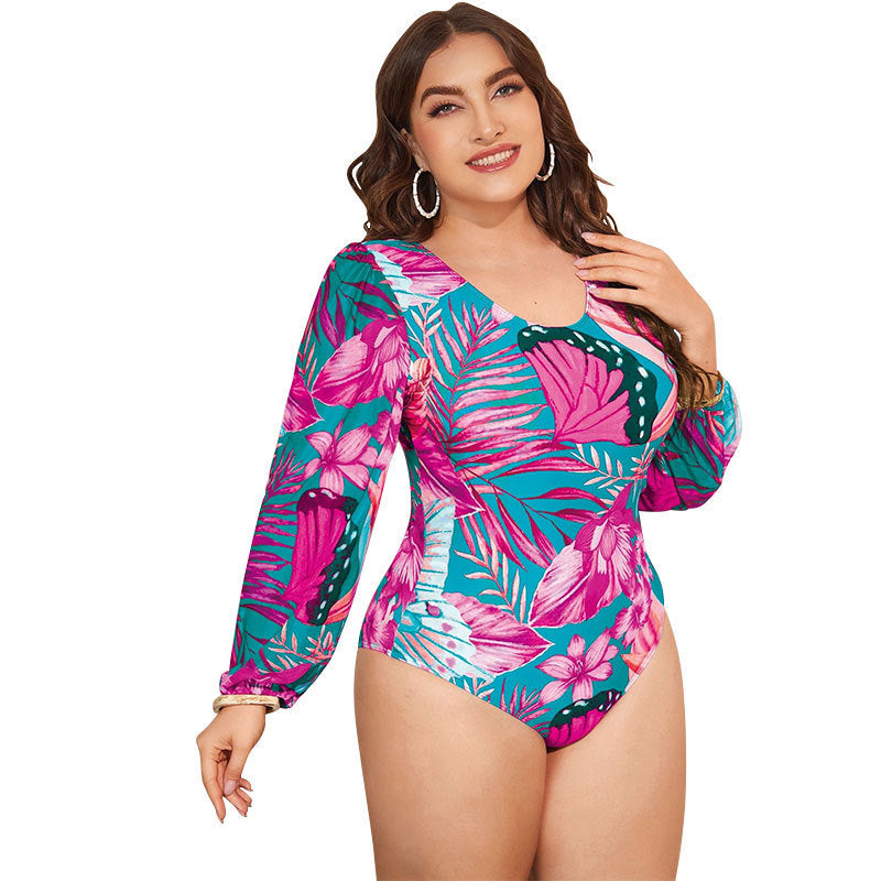 Women's Floral Print One-Piece Swimsuit with Puff Sleeves