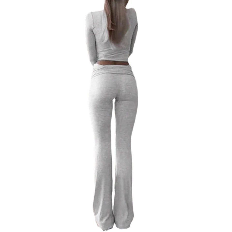 Women's Casual Long-Sleeve Lounge Set with Flared Pants