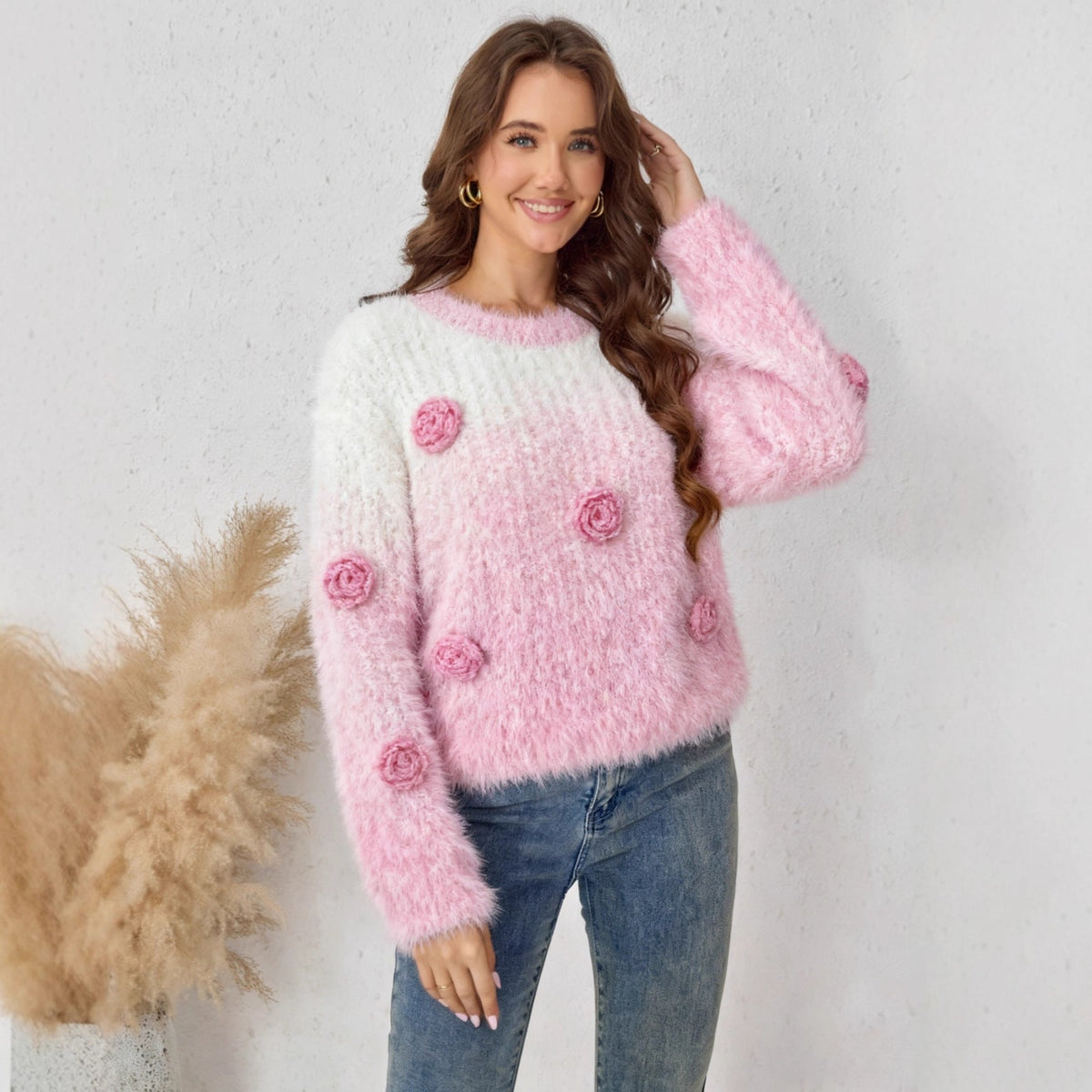 Women's Fluffy Knit Sweater with Floral Design