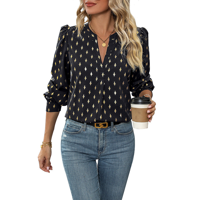 Elegant Women's Blouse with Graphic Pattern and V-Neck