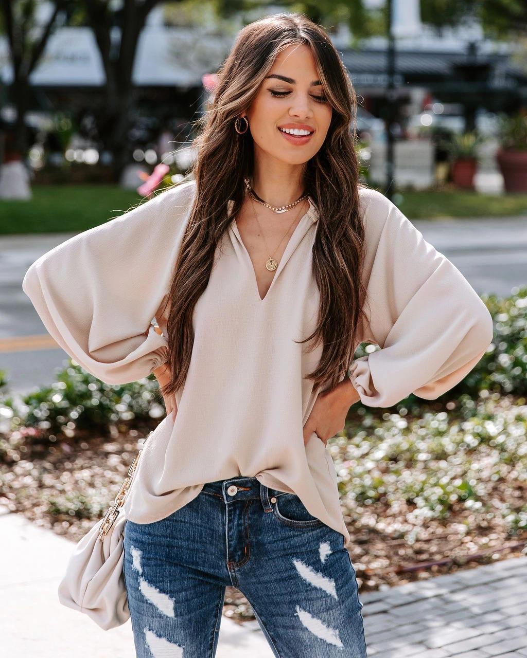 Women's Blouse with V-Neck and Puff Sleeves
