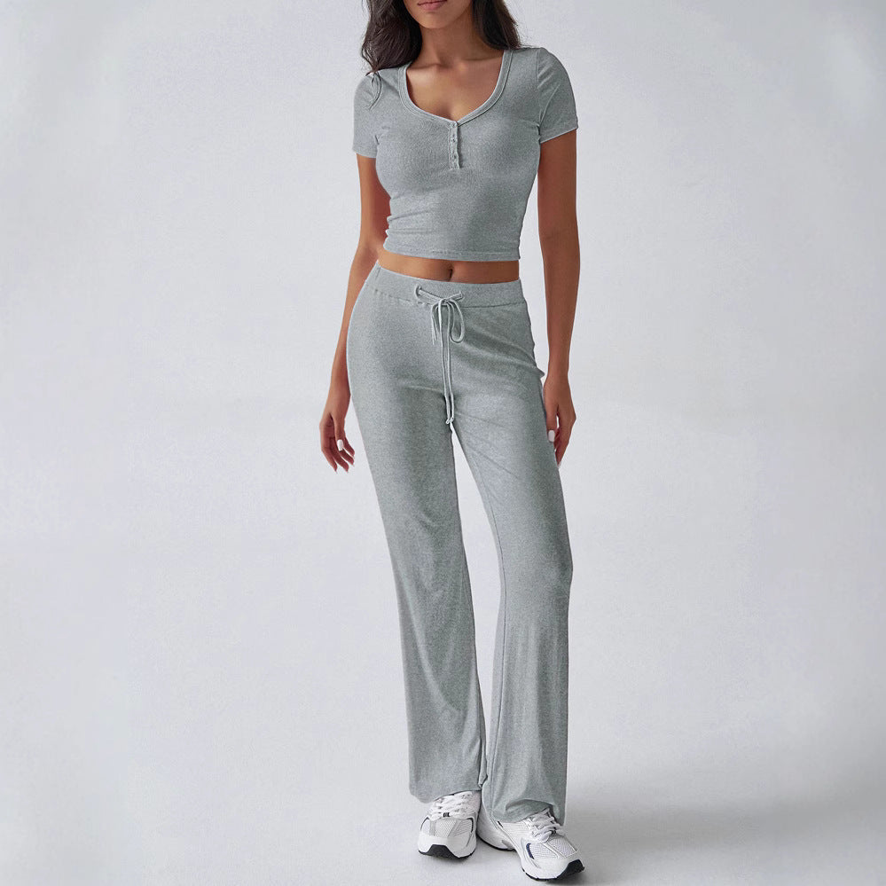 Women's Comfortable Leisure Set with Short Top and Wide-Leg Pants