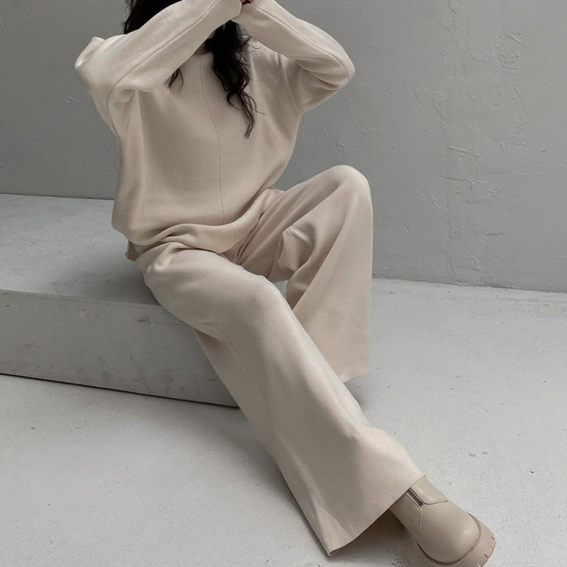 Women's Casual Knit Ensemble with Wide Cut and High Collar