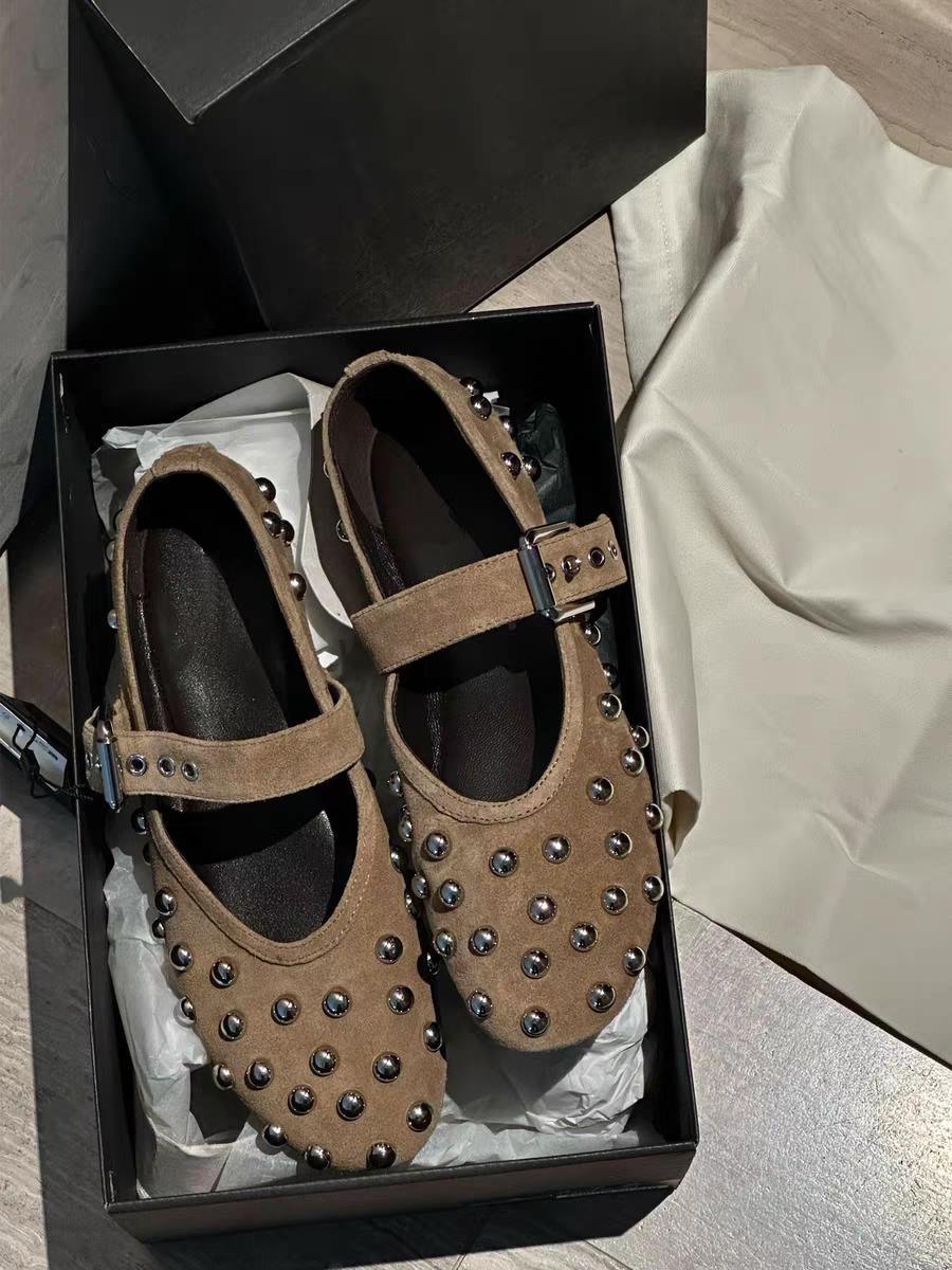 Women's Ballet Flats with Decorative Studs and Elegant Buckle Closure