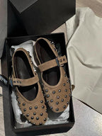 Women's Ballet Flats with Decorative Studs and Elegant Buckle Closure