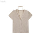 Women's Short-Sleeve Blouse with V-Neck and Tie Belt