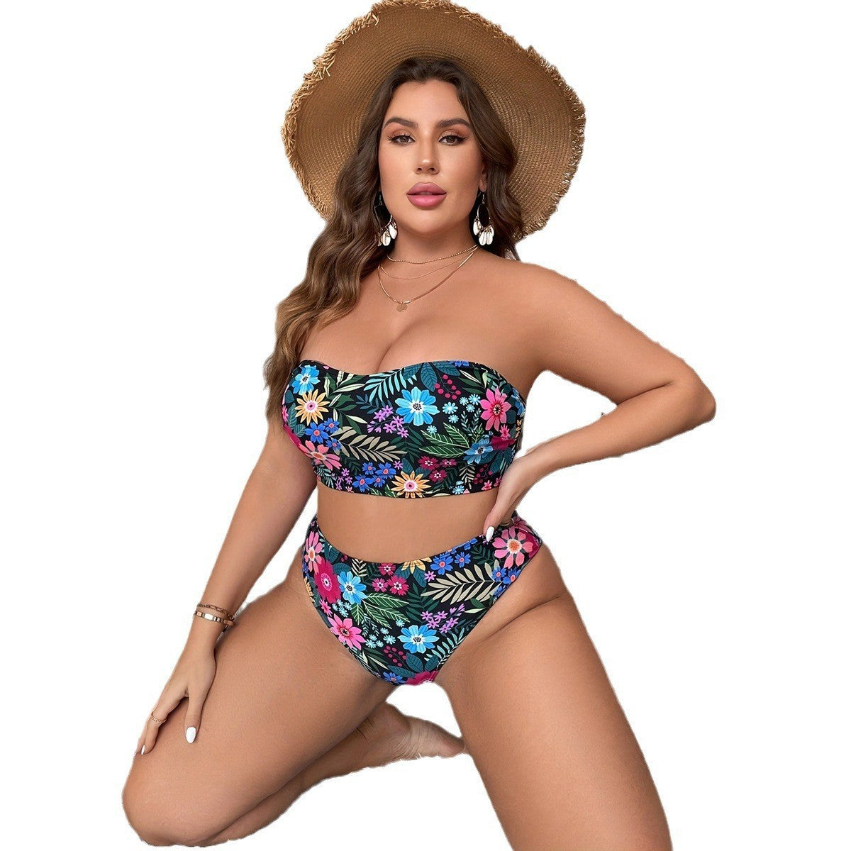 Women's Floral Bandeau Bikini with High-Waisted Bottoms